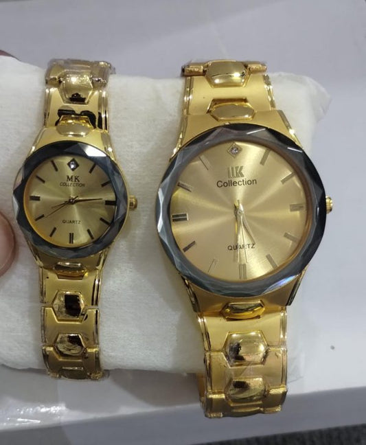 Gold Couple Watch Set – Luxury Quartz Timepieces For Him & Her With Polished Bracelet Design